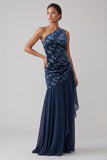 Navy Velvet One Shoulder Asymmetrical Chiffon Mermaid Ruched Mother of the Bride Dress