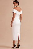 Off The Shoulder White Sheath Pearls Midi Engagement Dress