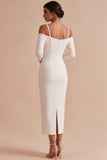 White Sheath Long Sleeves Cold Shoulder Midi Engagement Dress