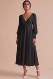 White Ruched A-Line Midi Engagement Dress with Long Sleeves