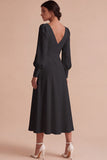 White Ruched A-Line Midi Engagement Dress with Long Sleeves