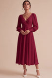 White Ruched A-Line Midi Engagement Dress with Long Sleeves