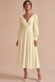 White Ruched A-Line Midi Engagement Dress with Long Sleeves