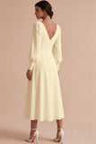 White Ruched A-Line Midi Engagement Dress with Long Sleeves