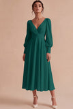 White Ruched A-Line Midi Engagement Dress with Long Sleeves