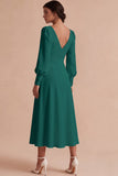 White Ruched A-Line Midi Engagement Dress with Long Sleeves