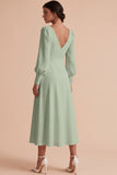 White Ruched A-Line Midi Engagement Dress with Long Sleeves