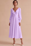 White Ruched A-Line Midi Engagement Dress with Long Sleeves