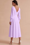 White Ruched A-Line Midi Engagement Dress with Long Sleeves