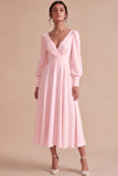 White Ruched A-Line Midi Engagement Dress with Long Sleeves