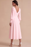 White Ruched A-Line Midi Engagement Dress with Long Sleeves
