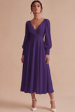 White Ruched A-Line Midi Engagement Dress with Long Sleeves