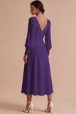 White Ruched A-Line Midi Engagement Dress with Long Sleeves