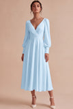 White Ruched A-Line Midi Engagement Dress with Long Sleeves