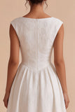 Floral White Jacquard A-Line Bateau Engagement Dress with Cap Sleeve