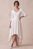 White High-Low A-Line V-Neck Engagement Dress with 3/4 Sleeves