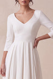 White High-Low A-Line V-Neck Engagement Dress with 3/4 Sleeves