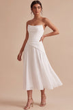 Strapless White Ruched A-Line Midi Engagement Dress