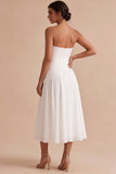 Strapless White Ruched A-Line Midi Engagement Dress