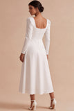 White A-Line Square Neck Long Engagement Dress with Long Sleeves