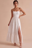 Strapless White Jacquard A-Line Corset Long Engagement Dress with Slit