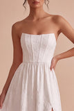Strapless White Jacquard A-Line Corset Long Engagement Dress with Slit