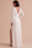 White V-Neck Ruched A-Line Long Engagement Dress with Slit