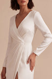 White V-Neck Ruched A-Line Long Engagement Dress with Slit