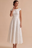 White A-Line Bateau Jacquard Long Engagement Dress with Cap Sleeves