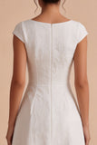 White A-Line Bateau Jacquard Long Engagement Dress with Cap Sleeves