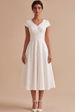 Simple White A-Line Ruched V-Neck Midi Engagement Dress with Cap Sleeves