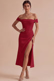 White Off The Shoulder Corset Sheath Midi Engagement Dress with Slit