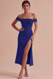 White Off The Shoulder Corset Sheath Midi Engagement Dress with Slit