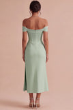 White Off The Shoulder Corset Sheath Midi Engagement Dress with Slit
