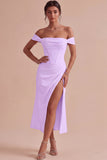 White Off The Shoulder Corset Sheath Midi Engagement Dress with Slit
