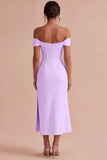 White Off The Shoulder Corset Sheath Midi Engagement Dress with Slit