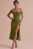 White Off The Shoulder Corset Sheath Midi Engagement Dress with Slit