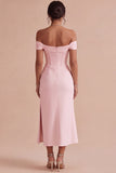 White Off The Shoulder Corset Sheath Midi Engagement Dress with Slit