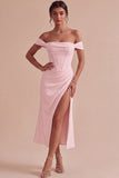 White Off The Shoulder Corset Sheath Midi Engagement Dress with Slit