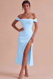 White Off The Shoulder Corset Sheath Midi Engagement Dress with Slit