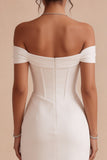 White Off The Shoulder Corset Sheath Midi Engagement Dress with Slit