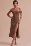 White Off The Shoulder Corset Sheath Midi Engagement Dress with Slit