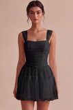 Ruched Square Neck A-Line Tulle Short Little White Dress
