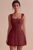 Ruched Square Neck A-Line Tulle Short Little White Dress