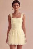Ruched Square Neck A-Line Tulle Short Little White Dress