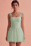 Ruched Square Neck A-Line Tulle Short Little White Dress
