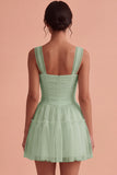Ruched Square Neck A-Line Tulle Short Little White Dress