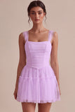 Ruched Square Neck A-Line Tulle Short Little White Dress