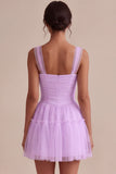 Ruched Square Neck A-Line Tulle Short Little White Dress