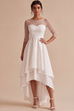 White Illusion Neck High-Low Asymmetrical Hem A-Line Engagement Dress with 3/4 Sleeves